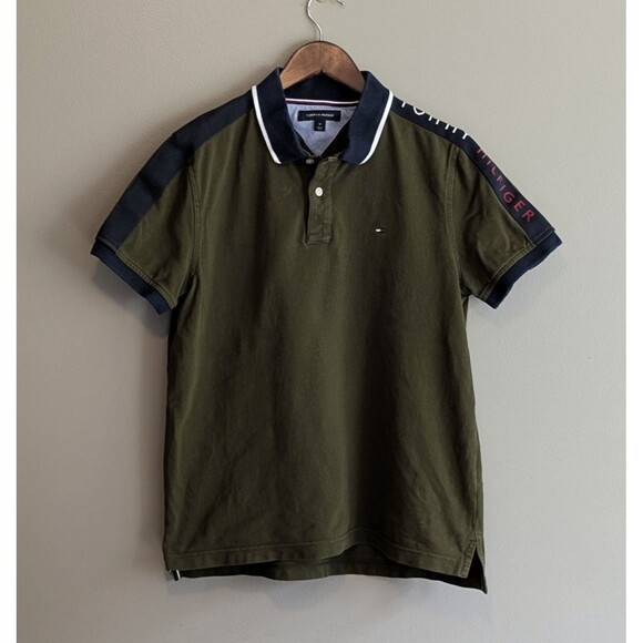 Tommy Hilfiger Dark Green Two Tone Collar Polo Shirt Mens Size Medium M SS - Picture 1 of 5